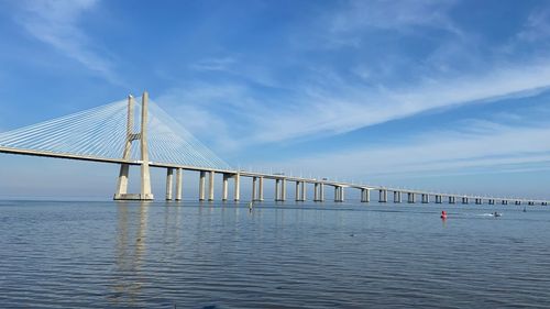 Vasco da gama bridge over sea against sky