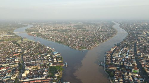 A big river of kapuad at pontianak city from aerial view