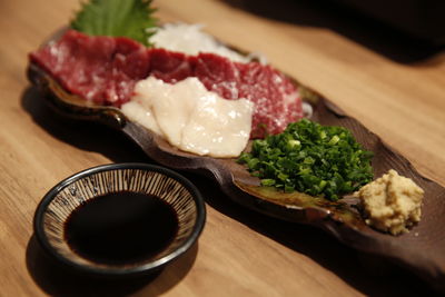 Close-up of food served on table