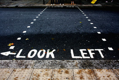 High angle view of text on road