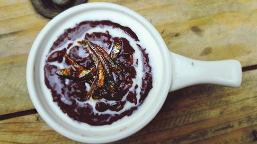 High angle view of a dessert called champorado