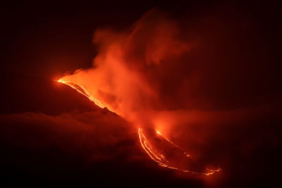 Scenic view of illuminated mountain at night