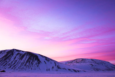 Scenic view of snowcapped mountains against sky during sunset