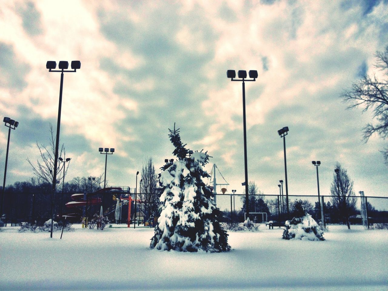 street light, snow, sky, winter, cold temperature, weather, road sign, season, cloud - sky, transportation, street, car, road, lighting equipment, land vehicle, pole, cloudy, communication, tree, guidance