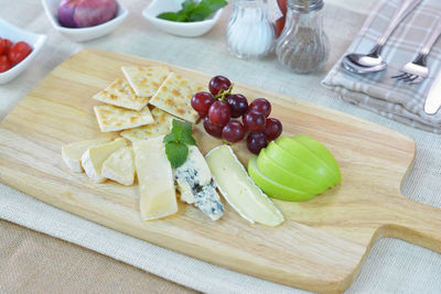 High angle view of grapes in plate on table