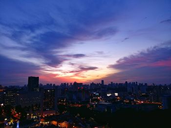 High angle view of city at sunset