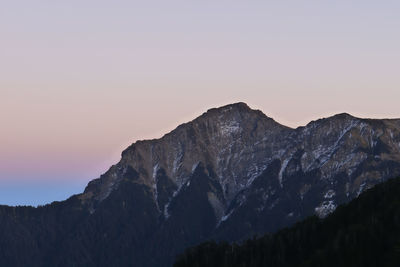 Scenic view of mountains against clear sky during sunset