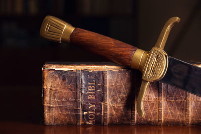 Close-up of old books on table