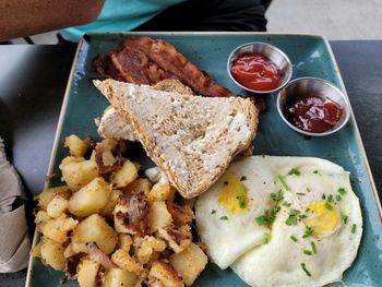 High angle view of breakfast on table