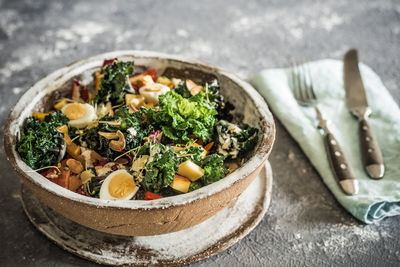 High angle view of food in bowl on table