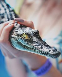 Cropped image of woman holding crocodile