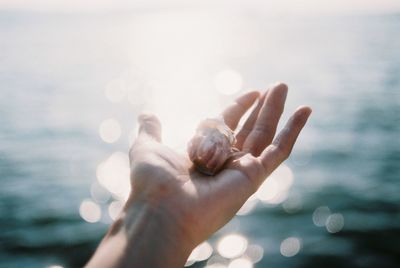 Close-up of hand holding sea against sky