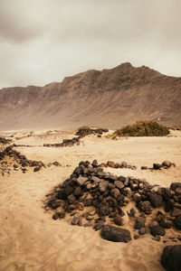 Surface level of rocks on beach against sky