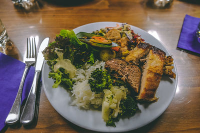 High angle view of food in plate on table buffet