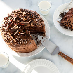 Top down view of a decadent chocolate cake decorated with chocolate curls.