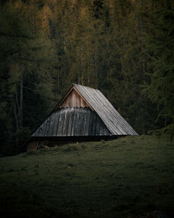 Wooden house on field by trees in forest