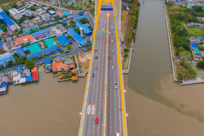 High angle view of road by river in city