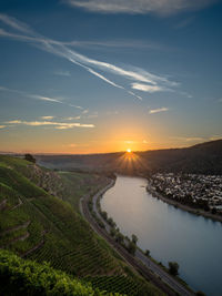 High angle view of moselle river at sunset