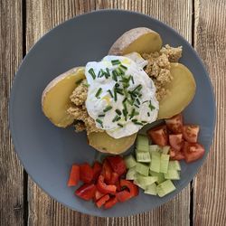 High angle view of meal served in bowl on table