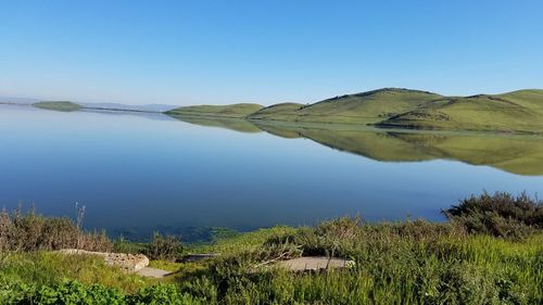 Scenic view of lake against clear blue sky