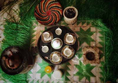 High angle view of dessert on table