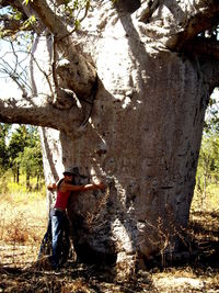 Large group of people on tree trunk