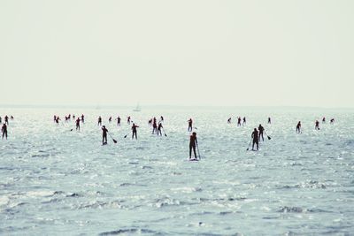 People participating in paddleboarding against sky