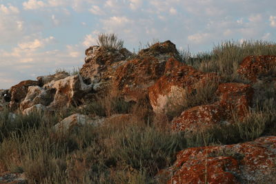 Rock formation on land against sky