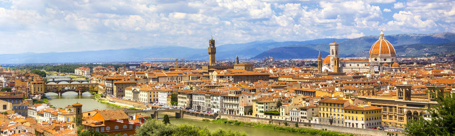 Panoramic view, aerial skyline of florence firenze cathedral of santa maria del fiore, ponte vecchio 