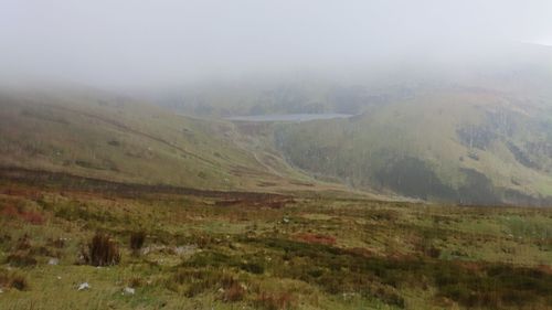 Scenic view of landscape against sky during foggy weather