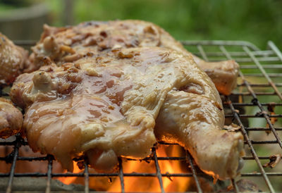 Close-up of meat on barbecue grill