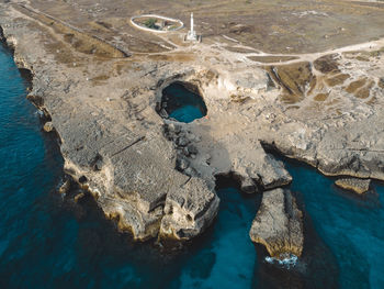 High angle view of rocks on sea shore