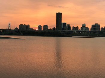 Modern buildings in city against sky during sunset