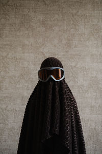 Funny child in a ghost costume. idea for halloween. funny kids. children's creativity. 