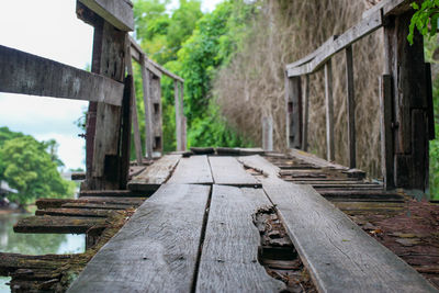 Old wooden footbridge amidst plants