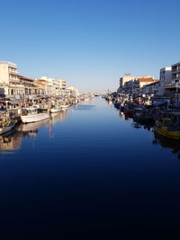 Canal amidst buildings against clear blue sky