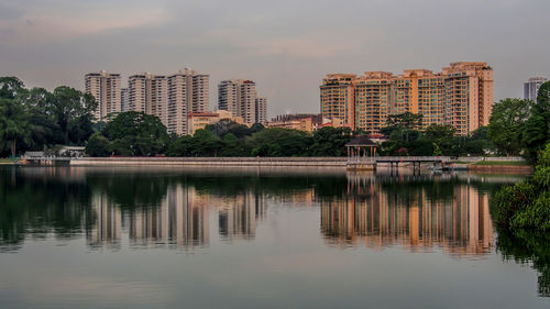 Reflection of buildings in lake against sky