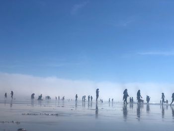 Group of people on beach against sky