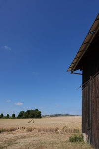 Scenic view of agricultural field against clear blue sky