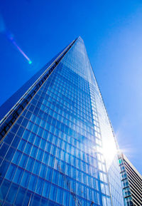 Low angle view of modern building against blue sky