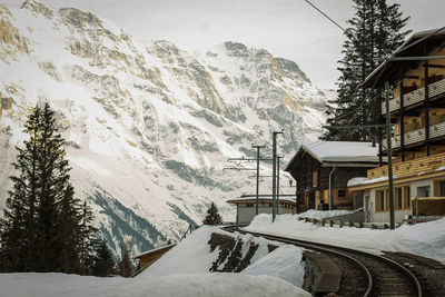 Snow covered houses and buildings in city