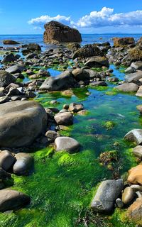 Rocks on shore against sky