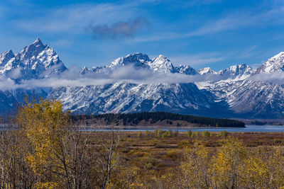 Scenic view of snowcapped mountains against sky