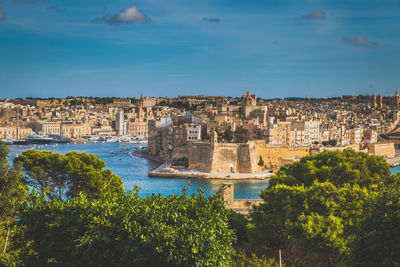 Aerial view of cityscape against blue sky