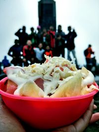 Close-up of hand holding ice cream in bowl