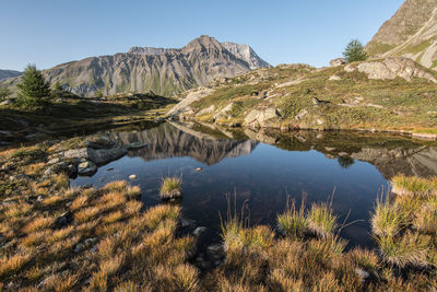 Scenic view of lake and mountains against clear sky