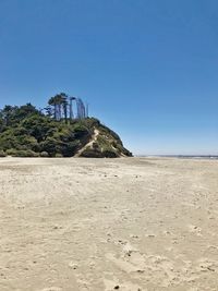 Scenic view of beach against clear blue sky