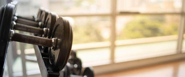 Close-up of dumbbells in gym