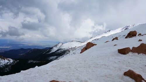 Scenic view of snow covered mountains