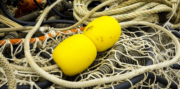 High angle view of ropes on wood